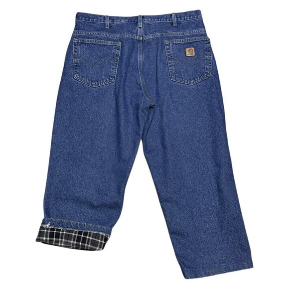 Carhartt Relaxed Fit Flannel Plaid Lined Blue Work Denim Jeans Mens 36x26 - Picture 1 of 8
